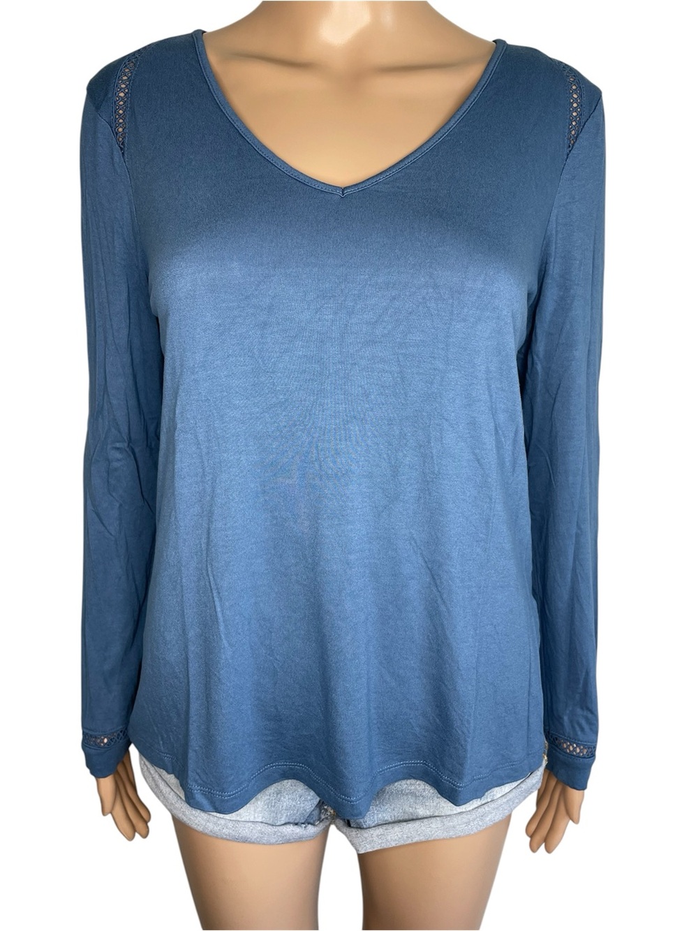 Banana Republic Blue V-Neck Pullover Long Sleeve Top with Lace Trim